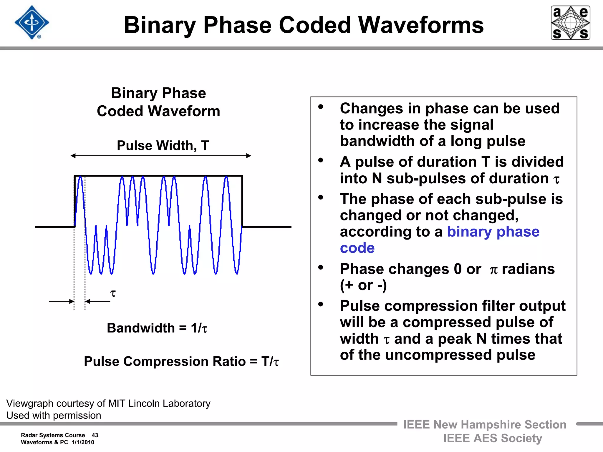 Radar Systems Course 43
Waveforms & PC 1/1/2010
IEEE New Hampshire Section
IEEE AES Society
Binary Phase Coded Waveforms
• Changes in phase can be used
to increase the signal
bandwidth of a long pulse
• A pulse of duration T is divided
into N sub-pulses of duration τ
• The phase of each sub-pulse is
changed or not changed,
according to a binary phase
code
• Phase changes 0 or π radians
(+ or -)
• Pulse compression filter output
will be a compressed pulse of
width τ and a peak N times that
of the uncompressed pulse
Binary Phase
Coded Waveform
Bandwidth = 1/τ
Pulse Width, T
τ
Pulse Compression Ratio = T/τ
Viewgraph courtesy of MIT Lincoln Laboratory
Used with permission
 