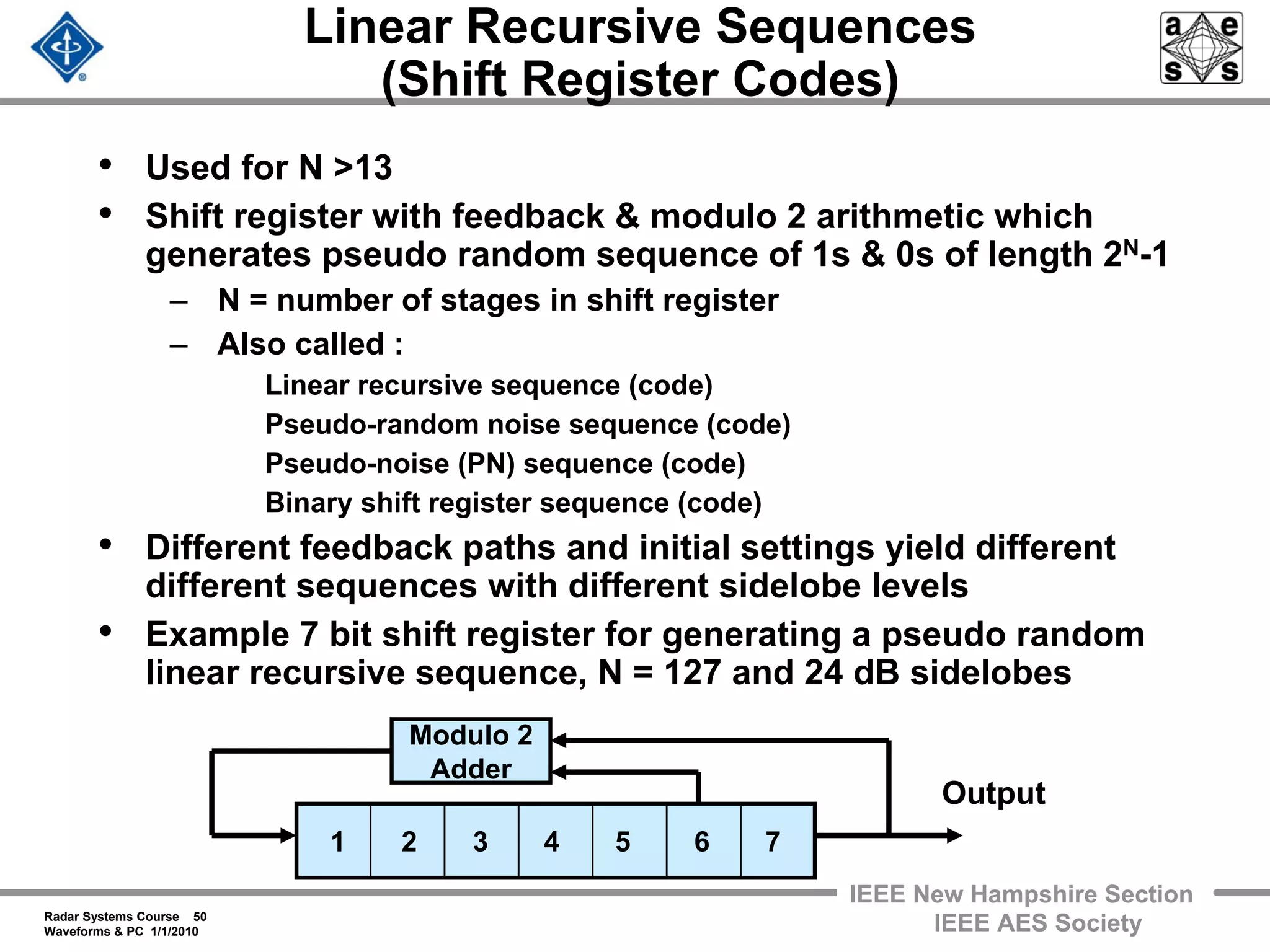 Radar Systems Course 50
Waveforms & PC 1/1/2010
IEEE New Hampshire Section
IEEE AES Society
Linear Recursive Sequences
(Shift Register Codes)
• Used for N >13
• Shift register with feedback & modulo 2 arithmetic which
generates pseudo random sequence of 1s & 0s of length 2N-1
– N = number of stages in shift register
– Also called :
Linear recursive sequence (code)
Pseudo-random noise sequence (code)
Pseudo-noise (PN) sequence (code)
Binary shift register sequence (code)
• Different feedback paths and initial settings yield different
different sequences with different sidelobe levels
• Example 7 bit shift register for generating a pseudo random
linear recursive sequence, N = 127 and 24 dB sidelobes
Modulo 2
Adder
1 2 3 4 5 6 7
Output
 