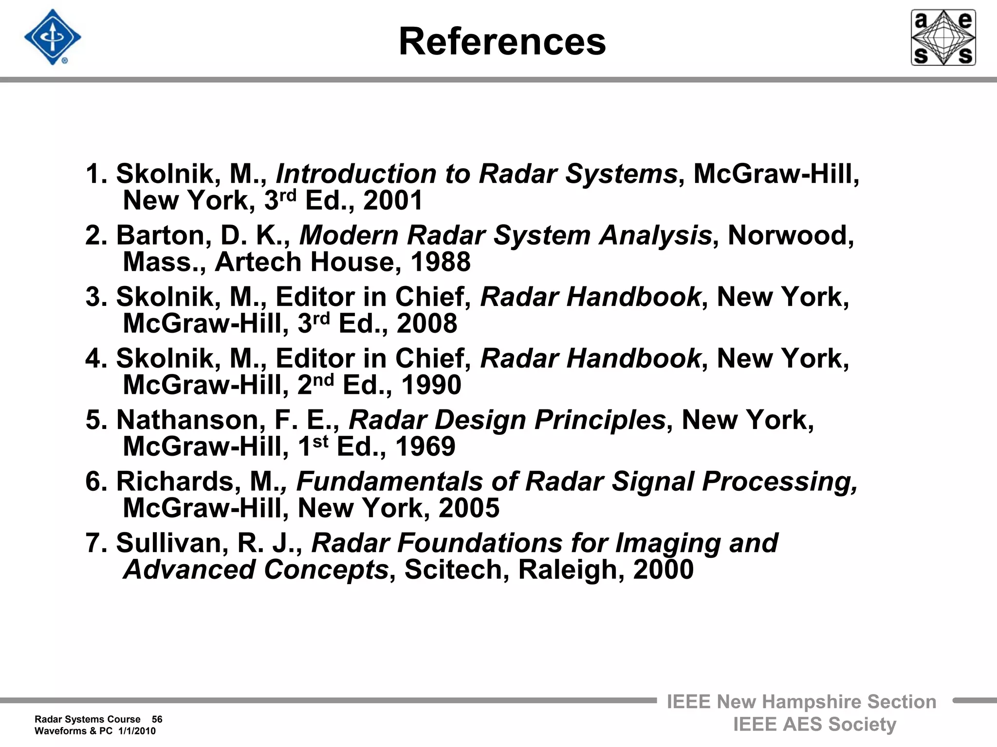 Radar Systems Course 56
Waveforms & PC 1/1/2010
IEEE New Hampshire Section
IEEE AES Society
References
1. Skolnik, M., Introduction to Radar Systems, McGraw-Hill,
New York, 3rd Ed., 2001
2. Barton, D. K., Modern Radar System Analysis, Norwood,
Mass., Artech House, 1988
3. Skolnik, M., Editor in Chief, Radar Handbook, New York,
McGraw-Hill, 3rd Ed., 2008
4. Skolnik, M., Editor in Chief, Radar Handbook, New York,
McGraw-Hill, 2nd Ed., 1990
5. Nathanson, F. E., Radar Design Principles, New York,
McGraw-Hill, 1st Ed., 1969
6. Richards, M., Fundamentals of Radar Signal Processing,
McGraw-Hill, New York, 2005
7. Sullivan, R. J., Radar Foundations for Imaging and
Advanced Concepts, Scitech, Raleigh, 2000
 