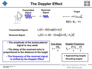 Radar Systems Course 10
MTI 1/1/2010
IEEE New Hampshire Section
IEEE AES Society
The Doppler Effect
Transmitted Signal:
Received Signal:
( ) ( ) ( )tf2jexptAts 0T π=
( ) ( ) ( )[ ]tff2jexptAts D0R +πτ−α=
c
R2 0
=τ
λ
==
V2
c
fV2
f 0
D
Time Delay Doppler Frequency
( ) VtRtR 0 −=
Transmitted
Signal
Received
Signal Target
+ Approaching targets
- Receding targets
• The amplitude of the backscattered
signal is very weak
• The frequency of the received signal
is shifted by the Doppler Effect
• The delay of the received echo is
proportional to the distance to the target
 