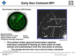 Radar Systems Course 13
MTI 1/1/2010
IEEE New Hampshire Section
IEEE AES Society
Early Non Coherent MTI
• The earliest clutter (ground backscatter) rejection
technique consisted of storing an entire pulse of radar
echoes and subtracting it from the next pulse of echoes
– The storage devices were very crude by today’s standards
Plan Position Indicator (PPI) Display
Map-like Display
Radial distance to center Range
Angle of radius vector Azimuth
Threshold crossings Detections
Stationary Ground Echoes
Moving Aircraft Targets
PPI movie Courtesy of Flyingidiot
Courtesy of FAA
 