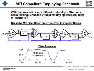 Radar Systems Course 43
MTI 1/1/2010
IEEE New Hampshire Section
IEEE AES Society
MTI Cancellers Employing Feedback
• With few pulses it is very difficult to develop a filter, which
has a rectangular shape without employing feedback in the
MTI canceller
τ
τ τ
∑ ∑∑∑∑
-1
-1
0.61
+1 +1
0.27
+1+1
0.04
INV
OUTV
-1
+1
Recursive MTI Filter Based on a Three Pole Chebyshev Design
0.0 0.5 PRF PRF 1.5 PRF
Filter Response
0.0
0.5
1.0
0.5 dB ripple
in passband
 