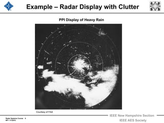 Radar Systems Course 8
MTI 1/1/2010
IEEE New Hampshire Section
IEEE AES Society
Example – Radar Display with Clutter
PPI Display of Heavy Rain
Courtesy of FAA
 