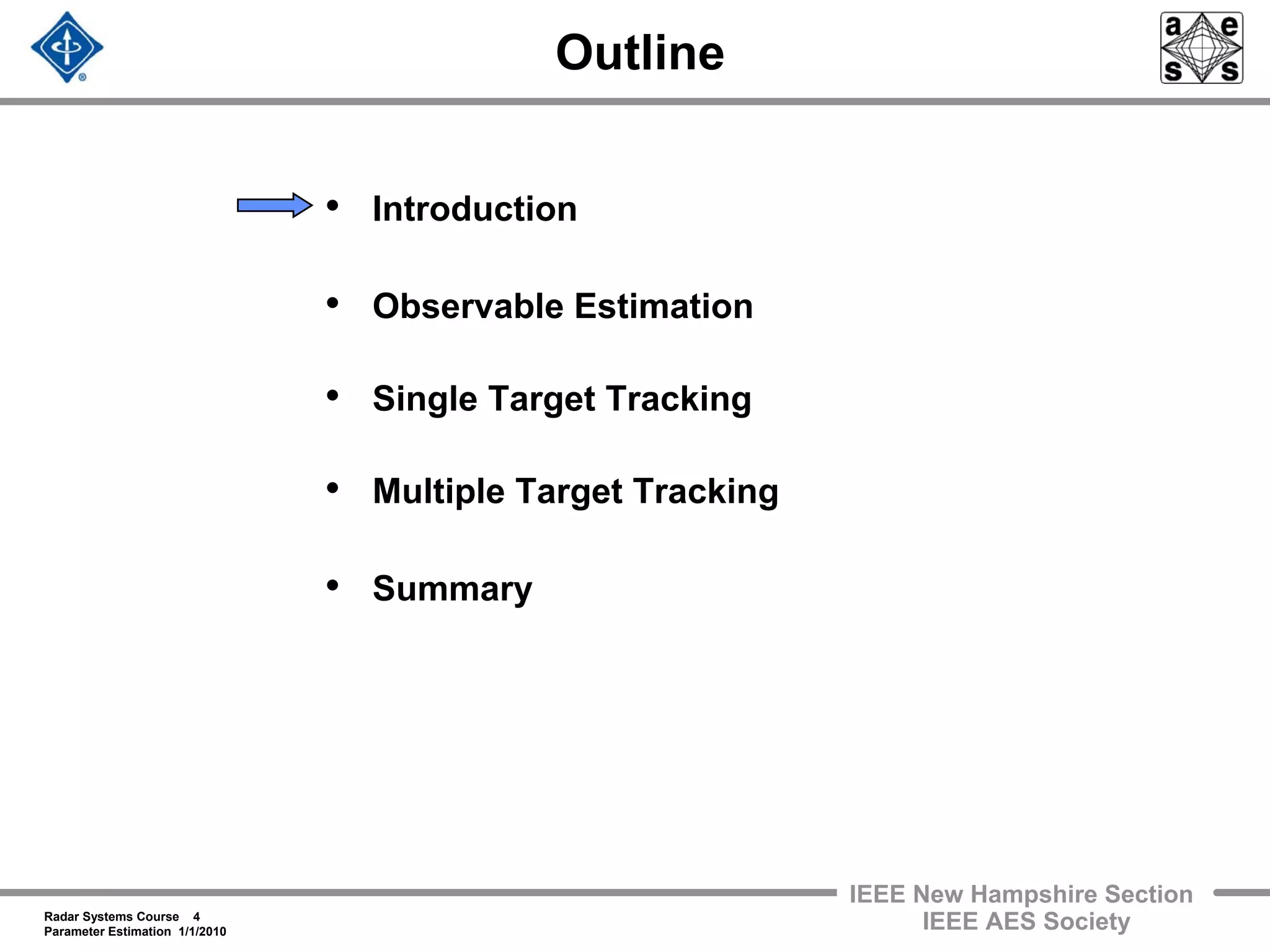 Radar Systems Course 4
Parameter Estimation 1/1/2010
IEEE New Hampshire Section
IEEE AES Society
Outline
• Introduction
• Observable Estimation
• Single Target Tracking
• Multiple Target Tracking
• Summary
 