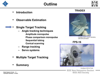 Radar Systems Course 17
Parameter Estimation 1/1/2010
IEEE New Hampshire Section
IEEE AES Society
Outline
• Introduction
• Observable Estimation
• Single Target Tracking
– Angle tracking techniques
Amplitude monopulse
Phase comparison monopulse
Sequential lobing
Conical scanning
– Range tracking
– Servo systems
• Multiple Target Tracking
• Summary
Courtesy of MIT Lincoln Laboratory.
Used with permission
TRADEX
FPS-16
Courtesy of US Air Force
 
