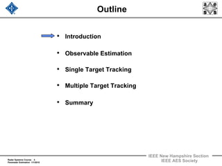 Radar Systems Course 4
Parameter Estimation 1/1/2010
IEEE New Hampshire Section
IEEE AES Society
Outline
• Introduction
• Observable Estimation
• Single Target Tracking
• Multiple Target Tracking
• Summary
 
