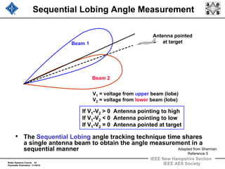 Radar Systems Course 43
Parameter Estimation 1/1/2010
IEEE New Hampshire Section
IEEE AES Society
Sequential Lobing Angle Measurement
• The Sequential Lobing angle tracking technique time shares
a single antenna beam to obtain the angle measurement in a
sequential manner
V1 = voltage from upper beam (lobe)
V2 = voltage from lower beam (lobe)
If V1-V2 > 0 Antenna pointing to high
If V1-V2 < 0 Antenna pointing to low
If V1-V2 = 0 Antenna pointed at target
Beam 1
Beam 2
Antenna pointed
at target
Adapted from Sherman
Reference 5
 