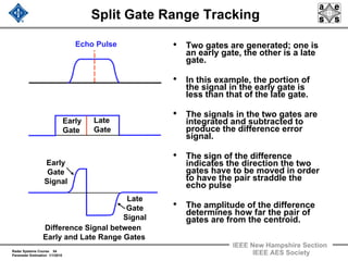 Radar Systems Course 54
Parameter Estimation 1/1/2010
IEEE New Hampshire Section
IEEE AES Society
Split Gate Range Tracking
Early
Gate
Signal
Difference Signal between
Early and Late Range Gates
Late
Gate
Early
Gate
Echo Pulse
Late
Gate
Signal
• Two gates are generated; one is
an early gate, the other is a late
gate.
• In this example, the portion of
the signal in the early gate is
less than that of the late gate.
• The signals in the two gates are
integrated and subtracted to
produce the difference error
signal.
• The sign of the difference
indicates the direction the two
gates have to be moved in order
to have the pair straddle the
echo pulse
• The amplitude of the difference
determines how far the pair of
gates are from the centroid.
 
