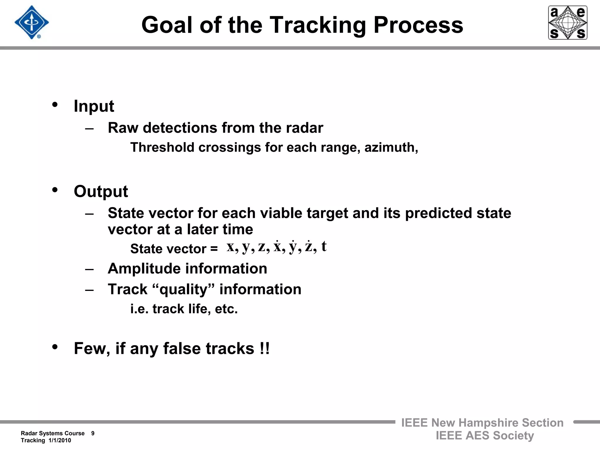 Radar Systems Course 9
Tracking 1/1/2010
IEEE New Hampshire Section
IEEE AES Society
Goal of the Tracking Process
• Input
– Raw detections from the radar
Threshold crossings for each range, azimuth,
• Output
– State vector for each viable target and its predicted state
vector at a later time
State vector =
– Amplitude information
– Track “quality” information
i.e. track life, etc.
• Few, if any false tracks !!
t,z,y,x,z,y,x &&&
 