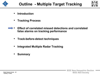 Radar Systems Course 29
Tracking 1/1/2010
IEEE New Hampshire Section
IEEE AES Society
Outline - Multiple Target Tracking
• Introduction
• Tracking Process
• Effect of correlated missed detections and correlated
false alarms on tracking performance
• Track-before-detect techniques
• Integrated Multiple Radar Tracking
• Summary
 
