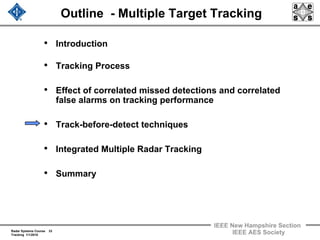 Radar Systems Course 33
Tracking 1/1/2010
IEEE New Hampshire Section
IEEE AES Society
Outline - Multiple Target Tracking
• Introduction
• Tracking Process
• Effect of correlated missed detections and correlated
false alarms on tracking performance
• Track-before-detect techniques
• Integrated Multiple Radar Tracking
• Summary
 