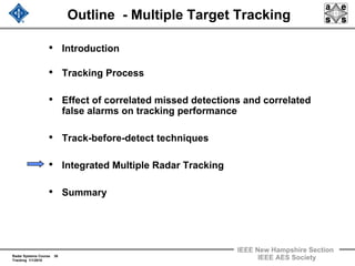 Radar Systems Course 36
Tracking 1/1/2010
IEEE New Hampshire Section
IEEE AES Society
Outline - Multiple Target Tracking
• Introduction
• Tracking Process
• Effect of correlated missed detections and correlated
false alarms on tracking performance
• Track-before-detect techniques
• Integrated Multiple Radar Tracking
• Summary
 