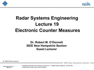 IEEE New Hampshire Section
Radar Systems Course 1
ECM 6/1/12
Viewgraphs licensed with Creative Commons 3 .0 “ RMOD Radar Systems” (AT-NC-SA)
except where noted ( see course Prelude)
Radar Systems Engineering
Lecture 19
Electronic Counter Measures
Dr. Robert M. O’Donnell
IEEE New Hampshire Section
Guest Lecturer
By “RMOD Radar Systems”
 