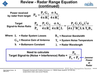 Radar Systems Course 26
ECM 6/1/12
IEEE New Hampshire Section
Viewgraphs licensed with Creative Commons 3 .0 “ RMOD Radar Systems” (AT-NC-SA)
except where noted ( see course Prelude)
Review - Radar Range Equation
(continued)
Power received
by radar from target 2
T
E
2
T
TT
R
R4
A
R4
GP
P
π
σ
π
=
Target
Signal-to Noise Ratio
( ) NS
4
T
3
2
RTT
2
T
E
2
T
TT
N
R
BTkLR4
GGP
LR4
A
R4
GP
P
P
π
σλ
=
π
σ
π
=
Where: = Radar System Losses
= Receive Gain of Antenna
= Boltzmann Constant
L
k
RG
= Receiver Bandwidth
= System Noise Temperature
= Radar Wavelength
ST
λ
NB
Need to calculate
Target Signal-to (Noise + Interference) Ratio =
JN
R
PP
P
+ Jammer
Power
at
Radar
 