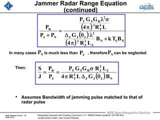 Radar Systems Course 28
ECM 6/1/12
IEEE New Hampshire Section
Viewgraphs licensed with Creative Commons 3 .0 “ RMOD Radar Systems” (AT-NC-SA)
except where noted ( see course Prelude)
• Assumes Bandwidth of jamming pulse matched to that of
radar pulse
Jammer Radar Range Equation
(continued)
( )
( )
( ) NSN
J
2
J
2
2
JJJ
4
T
3
2
RTT
NJ
R
BTkB
LR4
G
LR4
GGP
PP
P
+
π
λθΔ
π
σλ
=
+
In many cases is much less than , therefore can be neglectedNP JP NP
( ) NJJJ
4
T
J
2
JRTT
J
R
BGLR4
LRGGP
P
P
J
S
θΔπ
σ
==
Then:
 