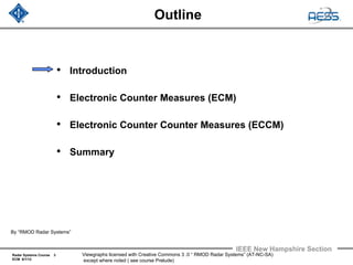 Radar Systems Course 3
ECM 6/1/12
IEEE New Hampshire Section
Viewgraphs licensed with Creative Commons 3 .0 “ RMOD Radar Systems” (AT-NC-SA)
except where noted ( see course Prelude)
Outline
• Introduction
• Electronic Counter Measures (ECM)
• Electronic Counter Counter Measures (ECCM)
• Summary
By “RMOD Radar Systems”
 
