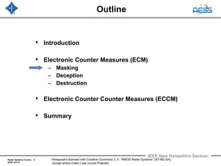 Radar Systems Course 6
ECM 6/1/12
IEEE New Hampshire Section
Viewgraphs licensed with Creative Commons 3 .0 “ RMOD Radar Systems” (AT-NC-SA)
except where noted ( see course Prelude)
Outline
• Introduction
• Electronic Counter Measures (ECM)
– Masking
– Deception
– Destruction
• Electronic Counter Counter Measures (ECCM)
• Summary
 