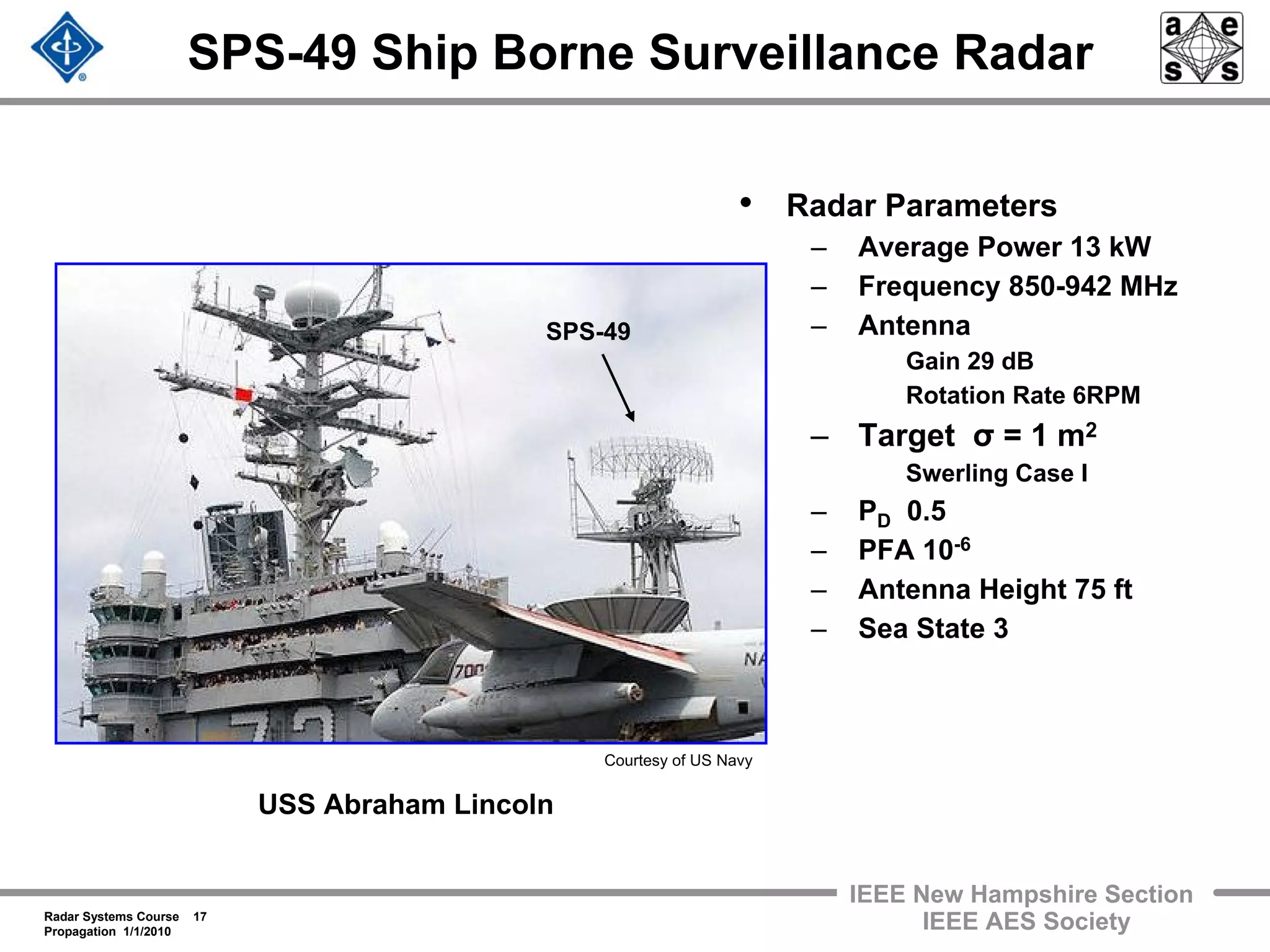 Radar Systems Course 17
Propagation 1/1/2010
IEEE New Hampshire Section
IEEE AES Society
SPS-49 Ship Borne Surveillance Radar
• Radar Parameters
– Average Power 13 kW
– Frequency 850-942 MHz
– Antenna
Gain 29 dB
Rotation Rate 6RPM
– Target σ = 1 m2
Swerling Case I
– PD 0.5
– PFA 10-6
– Antenna Height 75 ft
– Sea State 3
USS Abraham Lincoln
SPS-49
Courtesy of US Navy
 