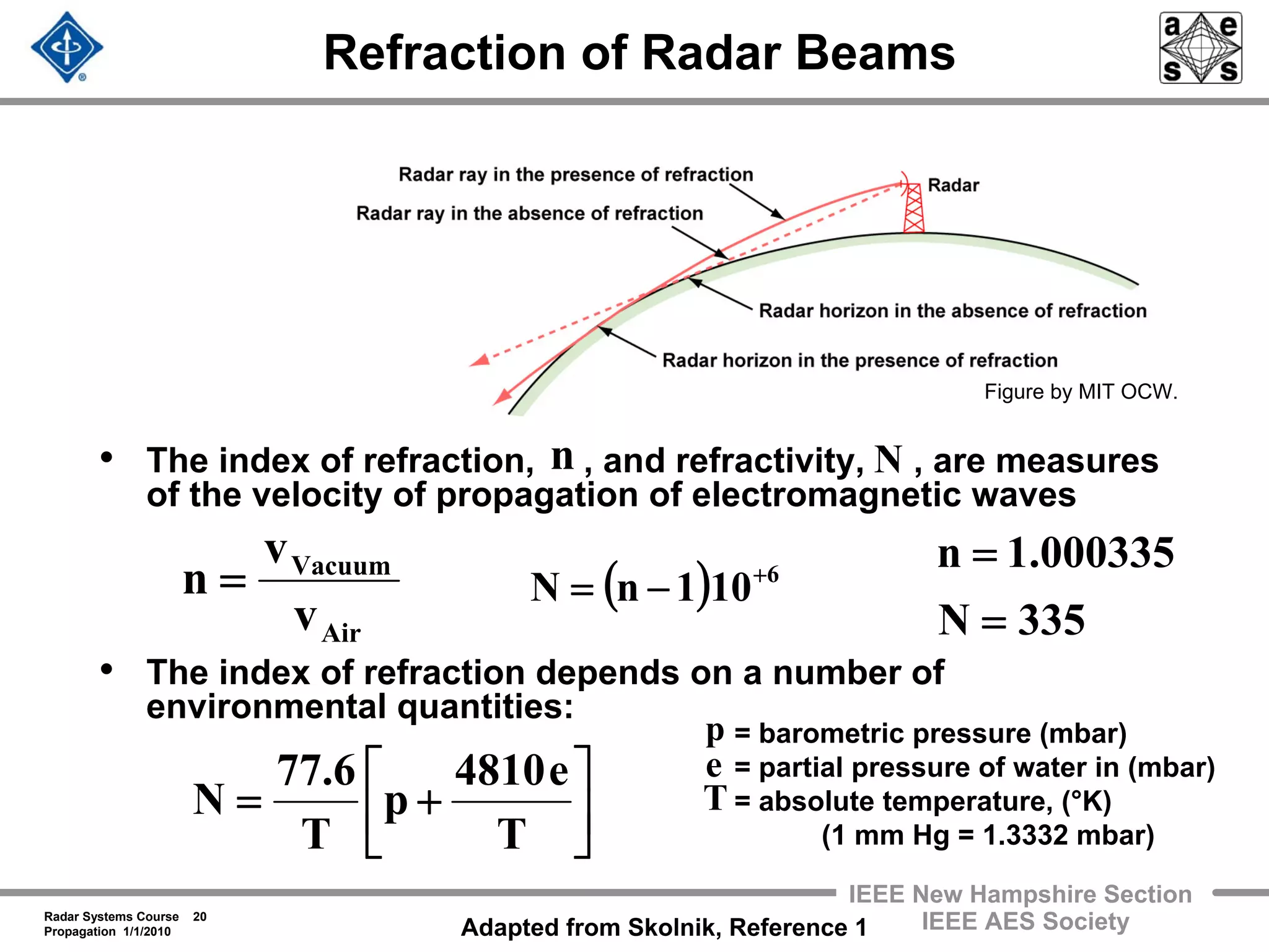 Radar Systems Course 20
Propagation 1/1/2010
IEEE New Hampshire Section
IEEE AES Society
Refraction of Radar Beams
• The index of refraction, , and refractivity, , are measures
of the velocity of propagation of electromagnetic waves
• The index of refraction depends on a number of
environmental quantities:
Figure by MIT OCW.
Air
Vacuum
v
v
n =
n N
( ) 6
101nN +
−=
335N
000335.1n
=
=
⎥
⎦
⎤
⎢
⎣
⎡
+=
T
e4810
p
T
6.77
N
= barometric pressure (mbar)
= partial pressure of water in (mbar)
= absolute temperature, (°K)
(1 mm Hg = 1.3332 mbar)
e
T
p
Adapted from Skolnik, Reference 1
 