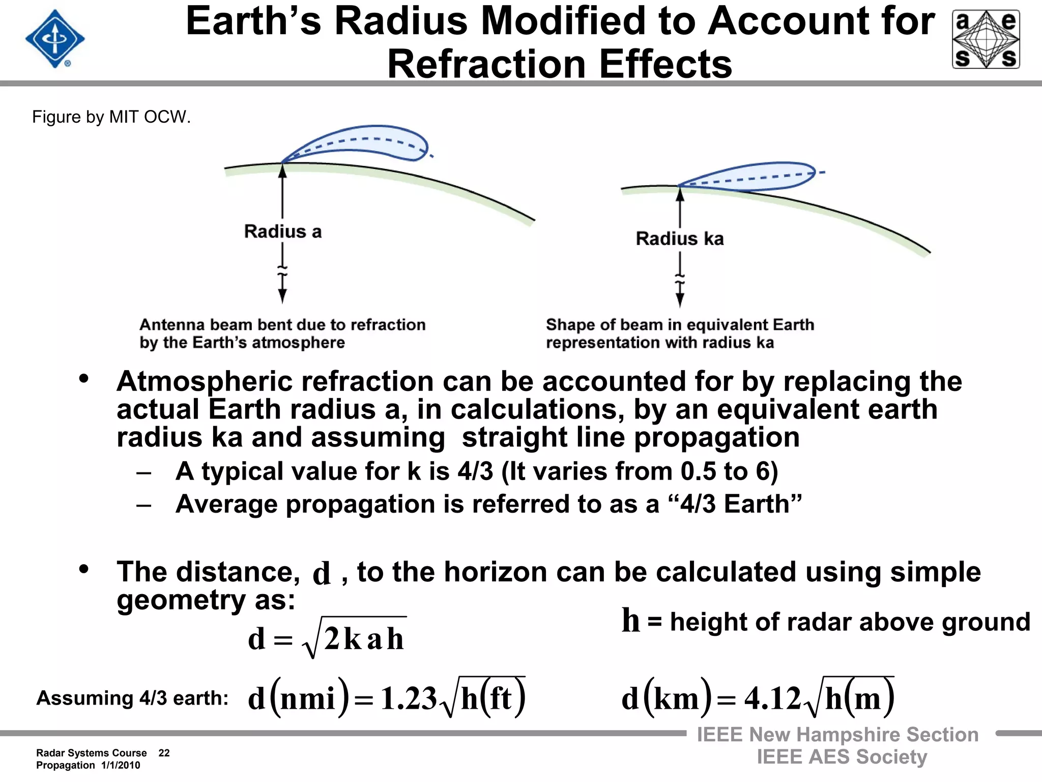 Radar Systems Course 22
Propagation 1/1/2010
IEEE New Hampshire Section
IEEE AES Society
Earth’s Radius Modified to Account for
Refraction Effects
Figure by MIT OCW.
• Atmospheric refraction can be accounted for by replacing the
actual Earth radius a, in calculations, by an equivalent earth
radius ka and assuming straight line propagation
– A typical value for k is 4/3 (It varies from 0.5 to 6)
– Average propagation is referred to as a “4/3 Earth”
• The distance, , to the horizon can be calculated using simple
geometry as:
( ) ( ) ( ) ( )mh12.4kmdfth23.1nmid
hak2d
==
=
= height of radar above groundh
d
Assuming 4/3 earth:
 