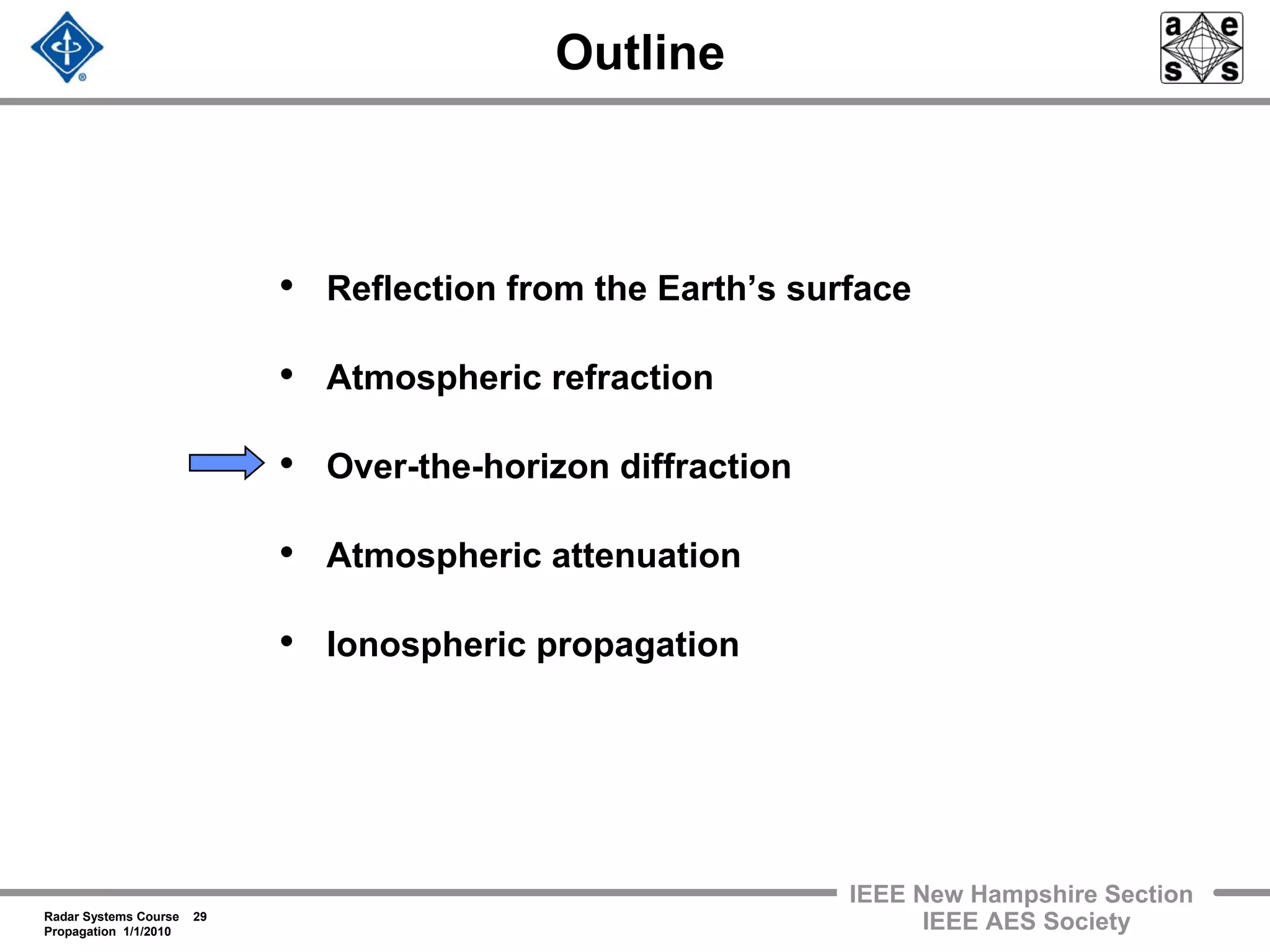 Radar Systems Course 29
Propagation 1/1/2010
IEEE New Hampshire Section
IEEE AES Society
Outline
• Reflection from the Earth’s surface
• Atmospheric refraction
• Over-the-horizon diffraction
• Atmospheric attenuation
• Ionospheric propagation
 