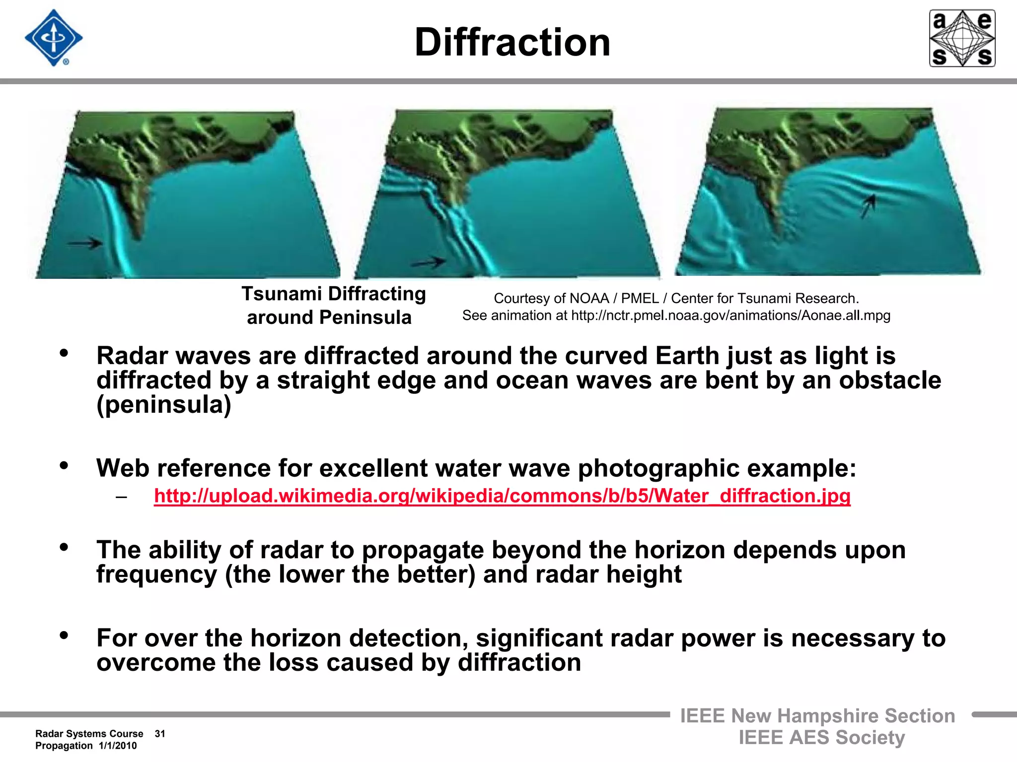 Radar Systems Course 31
Propagation 1/1/2010
IEEE New Hampshire Section
IEEE AES Society
Tsunami Diffracting
around Peninsula
Diffraction
• Radar waves are diffracted around the curved Earth just as light is
diffracted by a straight edge and ocean waves are bent by an obstacle
(peninsula)
• Web reference for excellent water wave photographic example:
– http://upload.wikimedia.org/wikipedia/commons/b/b5/Water_diffraction.jpg
• The ability of radar to propagate beyond the horizon depends upon
frequency (the lower the better) and radar height
• For over the horizon detection, significant radar power is necessary to
overcome the loss caused by diffraction
Courtesy of NOAA / PMEL / Center for Tsunami Research.
See animation at http://nctr.pmel.noaa.gov/animations/Aonae.all.mpg
 
