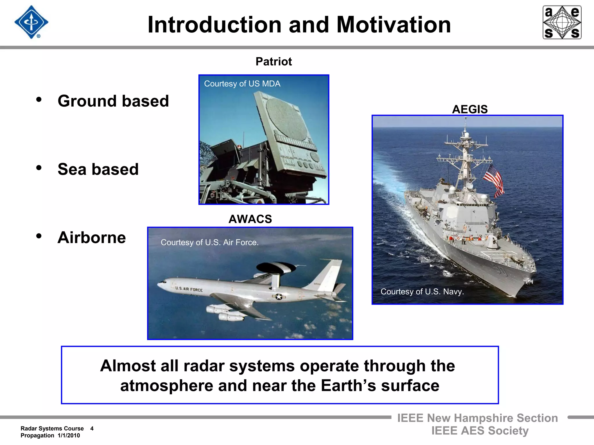 Radar Systems Course 4
Propagation 1/1/2010
IEEE New Hampshire Section
IEEE AES Society
Introduction and Motivation
• Ground based
• Sea based
• Airborne
Almost all radar systems operate through the
atmosphere and near the Earth’s surface
AEGIS
Patriot
AWACS
Courtesy of U.S. Air Force.
Courtesy of U.S. Navy.
Courtesy of US MDA
 