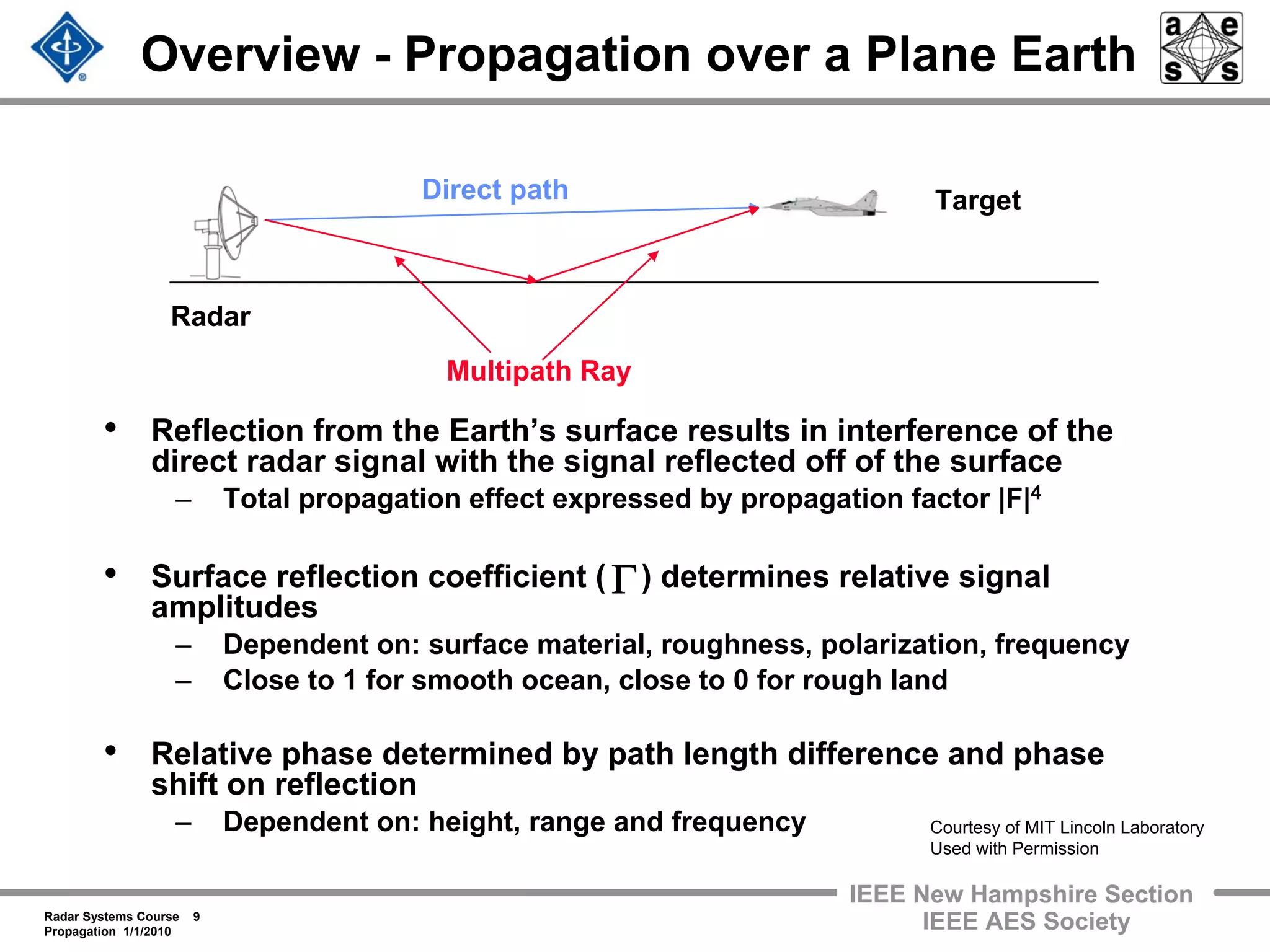 Radar Systems Course 9
Propagation 1/1/2010
IEEE New Hampshire Section
IEEE AES Society
Overview - Propagation over a Plane Earth
• Reflection from the Earth’s surface results in interference of the
direct radar signal with the signal reflected off of the surface
– Total propagation effect expressed by propagation factor |F|4
• Surface reflection coefficient ( ) determines relative signal
amplitudes
– Dependent on: surface material, roughness, polarization, frequency
– Close to 1 for smooth ocean, close to 0 for rough land
• Relative phase determined by path length difference and phase
shift on reflection
– Dependent on: height, range and frequency
Radar
Direct path
Multipath Ray
Target
Γ
Courtesy of MIT Lincoln Laboratory
Used with Permission
 