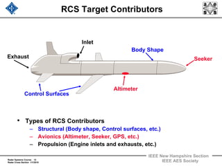 Radar Systems Course 12
Radar Cross Section 1/1/2010
IEEE New Hampshire Section
IEEE AES Society
RCS Target Contributors
• Types of RCS Contributors
– Structural (Body shape, Control surfaces, etc.)
– Avionics (Altimeter, Seeker, GPS, etc.)
– Propulsion (Engine inlets and exhausts, etc.)
Inlet
Control Surfaces
Altimeter
Seeker
Body Shape
Exhaust
 