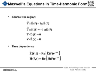 Radar Systems Course 31
Radar Cross Section 1/1/2010
IEEE New Hampshire Section
IEEE AES Society
Maxwell’s Equations in Time-Harmonic Form
• Source free region:
• Time dependence
0)r(B
0)r(D
)r(Di)r(H
)r(Bi)r(E
=⋅∇
=⋅∇
ω−=×∇
ω=×∇
→
→
rr
rr
rrrr
rrrr
{ }
{ }ti
ti
e)r(HRe)t,r(H
e)r(ERe)t,r(E
ω−
ω−
=
=
rrrr
rrrr
 