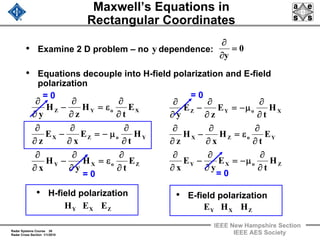 Radar Systems Course 38
Radar Cross Section 1/1/2010
IEEE New Hampshire Section
IEEE AES Society
Maxwell’s Equations in
Rectangular Coordinates
• Examine 2 D problem – no dependence:
• Equations decouple into H-field polarization and E-field
polarization
0
y
=
∂
∂
• H-field polarization
ZXY EEH
• E-field polarization
ZXY HHE
ZoXY
YoZX
XoYZ
E
t
H
y
H
x
H
t
E
x
E
z
E
t
H
z
H
y
∂
∂
ε=
∂
∂
−
∂
∂
∂
∂
μ−=
∂
∂
−
∂
∂
∂
∂
ε=
∂
∂
−
∂
∂
ZoXY
YoZX
XoYZ
H
t
E
y
E
x
E
t
H
x
H
z
H
t
E
z
E
y
∂
∂
μ−=
∂
∂
−
∂
∂
∂
∂
ε=
∂
∂
−
∂
∂
∂
∂
μ−=
∂
∂
−
∂
∂
= 0
= 0
= 0
= 0
y
 