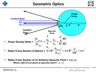 Radar Systems Course 19
Radar Cross Section 1/1/2010
IEEE New Hampshire Section
IEEE AES Society
Geometric Optics
• Power Density Ratio =
• Radar Cross Section of Sphere =
• Radar Cross Section of an Arbitrary Specular Point =
– Where radii of curvature at specular point =
Ω
Ω
===
dR
d
4
a
A
A
A
1
A
1
S
S
2
2
S
I
I
S
INC
SCAT
r
r
2
2
2
2
INC
SCAT2
a
R4
a
R4
S
S
R4 π=π=π
21 ρρπ
2,1 ρρ
a2/aΩd
Image
Point
Incident Rays
Incident
Rays
Specular
Point
 