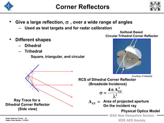 Radar Systems Course 43
Radar Cross Section 1/1/2010
IEEE New Hampshire Section
IEEE AES Society
Corner Reflectors
• Give a large reflection, , over a wide range of angles
– Used as test targets and for radar calibration
• Different shapes
– Dihedral
– Trihedral
Square, triangular, and circular
σ
Ray Trace for a
Dihedral Corner Reflector
(Side view)
=EFA Area of projected aperture
On the incident ray
2
2
EFA4
λ
π
=σ
RCS of Dihedral Corner Reflector
(Broadside Incidence)
Physical Optics Model
Sailboat Based
Circular Trihedral Corner Reflector
Courtesy of dalydaly
 