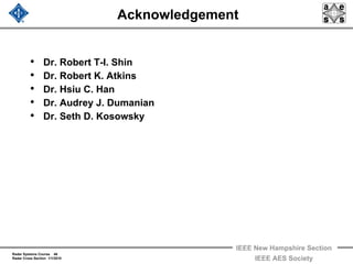 Radar Systems Course 46
Radar Cross Section 1/1/2010
IEEE New Hampshire Section
IEEE AES Society
Acknowledgement
• Dr. Robert T-I. Shin
• Dr. Robert K. Atkins
• Dr. Hsiu C. Han
• Dr. Audrey J. Dumanian
• Dr. Seth D. Kosowsky
 