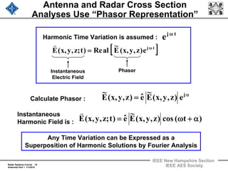 Radar Systems Course 10
Antennas Part 1 1/1/2010
IEEE New Hampshire Section
IEEE AES Society
Antenna and Radar Cross Section
Analyses Use “Phasor Representation”
Harmonic Time Variation is assumed :
tj
e ω
[ ]tj
e)z,y,x(E
~
alRe)t;z,y,x(E ω
=
r
α
= j
e)z,y,x(E
~
eˆ)z,y,x(E
~
)t(cos)z,y,x(E
~
eˆ)t;z,y,x(E α+ω=
rInstantaneous
Harmonic Field is :
Calculate Phasor :
Any Time Variation can be Expressed as a
Superposition of Harmonic Solutions by Fourier Analysis
Instantaneous
Electric Field
Phasor
 