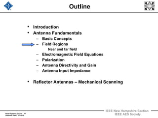 Radar Systems Course 11
Antennas Part 1 1/1/2010
IEEE New Hampshire Section
IEEE AES Society
Outline
• Introduction
• Antenna Fundamentals
– Basic Concepts
– Field Regions
Near and far field
– Electromagnetic Field Equations
– Polarization
– Antenna Directivity and Gain
– Antenna Input Impedance
• Reflector Antennas – Mechanical Scanning
 