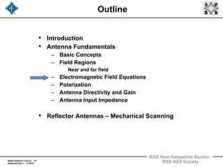 Radar Systems Course 15
Antennas Part 1 1/1/2010
IEEE New Hampshire Section
IEEE AES Society
Outline
• Introduction
• Antenna Fundamentals
– Basic Concepts
– Field Regions
Near and far field
– Electromagnetic Field Equations
– Polarization
– Antenna Directivity and Gain
– Antenna Input Impedance
• Reflector Antennas – Mechanical Scanning
 