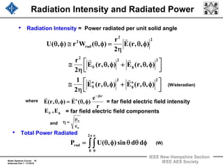 Radar Systems Course 19
Antennas Part 1 1/1/2010
IEEE New Hampshire Section
IEEE AES Society
Radiation Intensity and Radiated Power
(W/steradian)
• Radiation Intensity = Power radiated per unit solid angle
• Total Power Radiated
∫∫
π π
φθθφθ=
2
0 0
rad ddsin),(UP (W)
where
⎥⎦
⎤
⎢⎣
⎡ φθ+φθ
η
≅
⎥⎦
⎤
⎢⎣
⎡ φθ+φθ
η
≅
φθ
η
=φθ≅φθ
φθ
φθ
2
o
2
o
22
2
2
2
rad
2
),,r(E),,r(E
2
1
),,r(E),,r(E
2
r
),,r(E
2
r
),(Wr),(U
rr
rr
r
r
e
),(E),,r(E
jkr
o
−
φθ=φθ
rr
= far field electric field intensity
φθ E,E = far field electric field components
o
o
ε
μ
=ηand
 