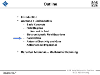 Radar Systems Course 20
Antennas Part 1 1/1/2010
IEEE New Hampshire Section
IEEE AES Society
Outline
• Introduction
• Antenna Fundamentals
– Basic Concepts
– Field Regions
Near and far field
– Electromagnetic Field Equations
– Polarization
– Antenna Directivity and Gain
– Antenna Input Impedance
• Reflector Antennas – Mechanical Scanning
 