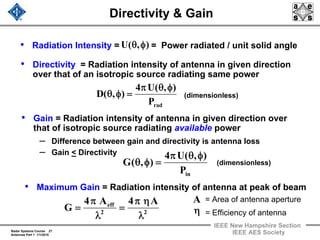 Radar Systems Course 27
Antennas Part 1 1/1/2010
IEEE New Hampshire Section
IEEE AES Society
• Radiation Intensity = = Power radiated / unit solid angle
Directivity & Gain
),(U φθ
radP
),(U4
),(D
φθπ
=φθ (dimensionless)
inP
),(U4
),(G
φθπ
=φθ
• Directivity = Radiation intensity of antenna in given direction
over that of an isotropic source radiating same power
• Gain = Radiation intensity of antenna in given direction over
that of isotropic source radiating available power
– Difference between gain and directivity is antenna loss
– Gain < Directivity
(dimensionless)
• Maximum Gain = Radiation intensity of antenna at peak of beam
22
eff A4A4
G
λ
ηπ
=
λ
π
=
= Area of antenna aperture
= Efficiency of antenna
A
η
 