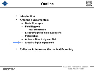 Radar Systems Course 29
Antennas Part 1 1/1/2010
IEEE New Hampshire Section
IEEE AES Society
Outline
• Introduction
• Antenna Fundamentals
– Basic Concepts
– Field Regions
Near and far field
– Electromagnetic Field Equations
– Polarization
– Antenna Directivity and Gain
– Antenna Input Impedance
• Reflector Antennas – Mechanical Scanning
 