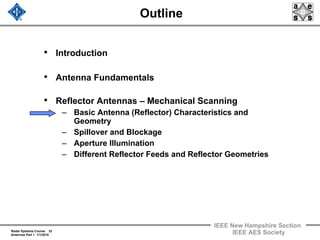 Radar Systems Course 32
Antennas Part 1 1/1/2010
IEEE New Hampshire Section
IEEE AES Society
Outline
• Introduction
• Antenna Fundamentals
• Reflector Antennas – Mechanical Scanning
– Basic Antenna (Reflector) Characteristics and
Geometry
– Spillover and Blockage
– Aperture Illumination
– Different Reflector Feeds and Reflector Geometries
 