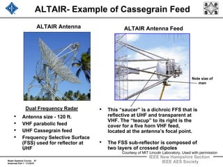 Radar Systems Course 57
Antennas Part 1 1/1/2010
IEEE New Hampshire Section
IEEE AES Society
ALTAIR- Example of Cassegrain Feed
Dual Frequency Radar
ALTAIR Antenna ALTAIR Antenna Feed
• Antenna size - 120 ft.
• VHF parabolic feed
• UHF Cassegrain feed
• Frequency Selective Surface
(FSS) used for reflector at
UHF
• This “saucer” is a dichroic FFS that is
reflective at UHF and transparent at
VHF. The “teacup” to its right is the
cover for a five horn VHF feed,
located at the antenna’s focal point.
• The FSS sub-reflector is composed of
two layers of crossed dipoles
Note size of
man
Courtesy of MIT Lincoln Laboratory, Used with permission
 