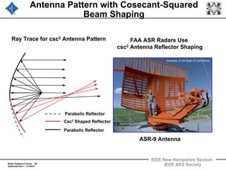 Radar Systems Course 59
Antennas Part 1 1/1/2010
IEEE New Hampshire Section
IEEE AES Society
Antenna Pattern with Cosecant-Squared
Beam Shaping
Parabolic Reflector
Csc2 Shaped Reflector
Parabolic Reflector
Ray Trace for csc2 Antenna Pattern FAA ASR Radars Use
csc2 Antenna Reflector Shaping
ASR-9 Antenna
Courtesy of US Dept of Commerce
 