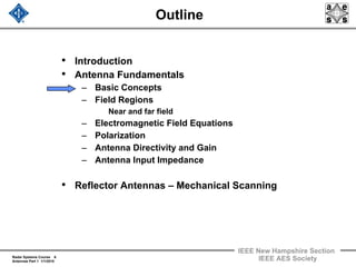 Radar Systems Course 6
Antennas Part 1 1/1/2010
IEEE New Hampshire Section
IEEE AES Society
Outline
• Introduction
• Antenna Fundamentals
– Basic Concepts
– Field Regions
Near and far field
– Electromagnetic Field Equations
– Polarization
– Antenna Directivity and Gain
– Antenna Input Impedance
• Reflector Antennas – Mechanical Scanning
 