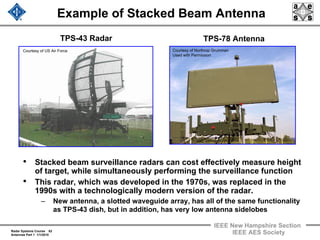 Radar Systems Course 62
Antennas Part 1 1/1/2010
IEEE New Hampshire Section
IEEE AES Society
Example of Stacked Beam Antenna
• Stacked beam surveillance radars can cost effectively measure height
of target, while simultaneously performing the surveillance function
• This radar, which was developed in the 1970s, was replaced in the
1990s with a technologically modern version of the radar.
– New antenna, a slotted waveguide array, has all of the same functionality
as TPS-43 dish, but in addition, has very low antenna sidelobes
TPS-43 Radar TPS-78 Antenna
Courtesy of Northrop Grumman
Used with Permission
Courtesy of US Air Force
 