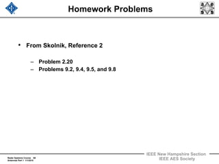 Radar Systems Course 68
Antennas Part 1 1/1/2010
IEEE New Hampshire Section
IEEE AES Society
Homework Problems
• From Skolnik, Reference 2
– Problem 2.20
– Problems 9.2, 9.4, 9.5, and 9.8
 