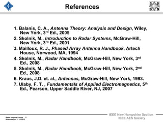 Radar Systems Course 71
Antennas Part 1 1/1/2010
IEEE New Hampshire Section
IEEE AES Society
References
1. Balanis, C. A., Antenna Theory: Analysis and Design, Wiley,
New York, 3rd Ed., 2005
2. Skolnik, M., Introduction to Radar Systems, McGraw-Hill,
New York, 3rd Ed., 2001
3. Mailloux, R. J., Phased Array Antenna Handbook, Artech
House, Norwood, MA, 1994
4. Skolnik, M., Radar Handbook, McGraw-Hill, New York, 3rd
Ed., 2008
5. Skolnik, M., Radar Handbook, McGraw-Hill, New York, 2nd
Ed., 2008
6. Kraus, J.D. et. al., Antennas, McGraw-Hill, New York, 1993.
7. Ulaby, F. T. , Fundamentals of Applied Electromagnetics, 5th
Ed., Pearson, Upper Saddle River, NJ, 2007
 
