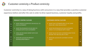 CUSTOMER CENTRIC CULTURE
 WHAT OUR CUSTOMERS NEED TO GET DONE
NOW AND HOW CAN WE HELP?
 WHAT RELATIONSHIPS DO OUR CUSTOMERS
EXPECT US TO ESTABLISH WITH THEM?
 WHAT VALUE DO OUR CUSTOMERS NEED TO SEE
BEFORE THEY ARE WILLING TO PAY?
 MEASURE SUCCESS BY CUSTOMER LIFETIME
VALUE
PRODUCT CENTRIC CULTURE
 WHAT PRODUCTS/SERVICES CAN WE SELL TO
OUR CUSTOMERS?
 WHAT RELATIONSHIPS DO WE NEED TO
ESTABLISH WITH OUR CUSTOMERS?
 HOW CAN WE MAKE MONEY WITH OUR
CUSTOMERS?
 MEASURE SUCCESS BY PRODUCT
REVENUE/PROFITABILITY
Customer centricity Is a way of doing business with consumers in a way that provides a positive customer
experience before and after the sale in order to drive repeat business, customer loyalty and profits.
I
N
S
I
D
E
-
O
U
T
O
U
T
S
I
D
E
-
I
N
Customer centricityx Product centricity
 