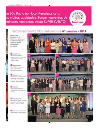 Radar05_sem_SEM 3/31/12 4:29 AM Page 21




em São Paulo no Hotel Renaissance a
 os muitas atividades, Foram momentos de
melhores momentos deste SUPER EVENTO!

       Reconhecimento Alta Performance 4º trimestre - 2011
    Parabéns aos                          05
    Distribuidores Alta
    Performance que durante
    o 4º Trimestre atingiram o
    objetivo de Vendas,
    Recrutamento e
    Nomeações.




      05 Região Energia

     Distribuições: Magnífica,            06   07
     Girassol, Atitude, Amor Perfeito,
     Alegra, Magma, Planalto,
     Topázio e Zênite.



     06 Região Inovação
     Distribuições: Vencedoras,
     Orion, Força Gaúcha,
     Constelação e Talento.


     07 Região Liderança                  08   09
     Distribuições: Ágape, Conquista,
     Excelência, Grande Osasco,
     Paloma, Progresso, Raios
     Dourados, Reluz e Tropical.



     08 Região Sol
     Distribuições: Fantástica,
     Acácias, Abaeté, Grande Vitória
     e Recife.

                                          10

     09 Região Superação
     Distribuições: Veleiros, Pérola do
     Atlântico, Líder, Espetáculo,
     Dinâmica, Charme e Astral.




      10 Reconhecimento Recupere
     seus Dólares de Orlando/Miami.



                                                             21
 